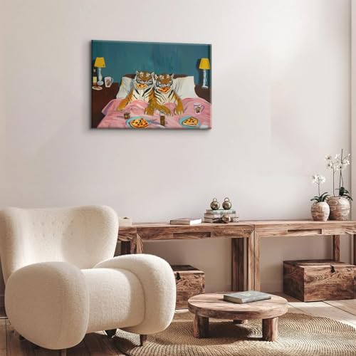 Funny Tiger Eating Pizza in Bed Wall Art Vintage Fun Tigers Couple Canvas Wall Decor Maximalist Blue Pink Jungle Animal Paintings Eclectic Whimsical Bedroom Picture Print