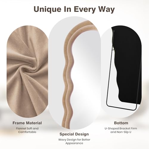 Full Length Mirror 63"x24" Arched Wavy Full Body Wall Mounted Floor Mirror with Stand Milk Tea Flannel Frame Leaning Hanging Wall Mirror for Bedroom Entrance Hallway