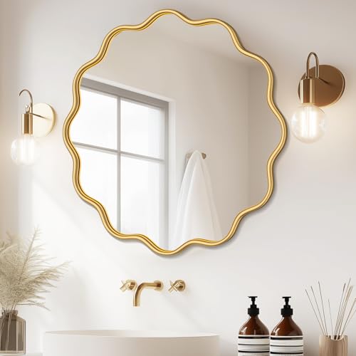 Gold Round Mirror 36 Inch Wavy Bathroom Vanity Mirror Gold Frame Modern Wall Mirror Decorative Wall