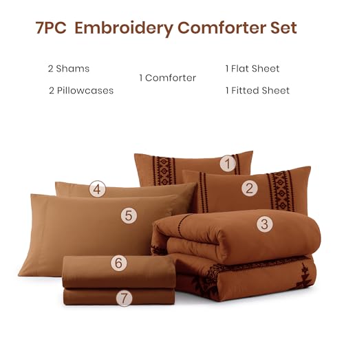 Embroidery Queen Comforter Set 7 Pieces Burnt Orange Bed in a Bag