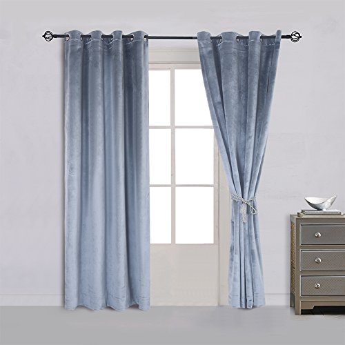 Super Soft Luxury Velvet Stone Blue Set of 2 Blackout Drapes Room Darkening Curtains Panel Grommet Drapery 52 by 84