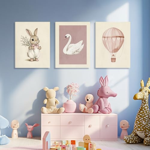 Wrapped Canvas Pink Cute Bunny Nursery Wall Art Set of 3 (3 Count)