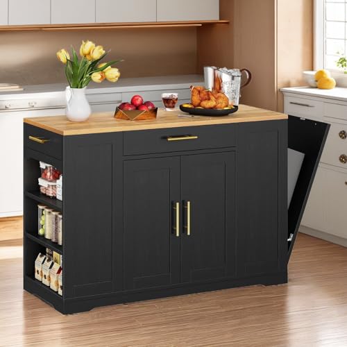 53 Inch Movable Kitchen Island with Trash Can Storage Cabinet