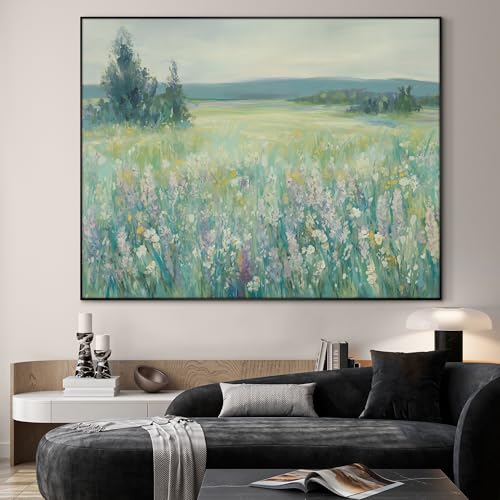 60"x72" Extra Large Framed Wall Art Wildflower Meadow Landscape Soft Pastel Nature Illustration for Home Living Room Bedroom Decor