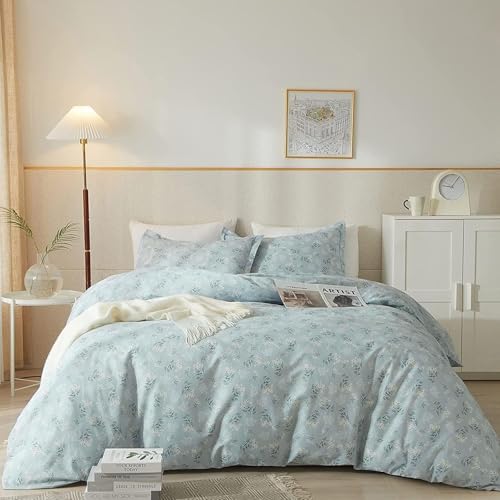 Blue Floral Comforter Set King Size Vintage Flower Botanical Comforter with 2 Pillowcases Fluffy Soft Aesthetic Floral Cottagecore Bedding Set Chic Flower Leaves Pattern King Comforter Set