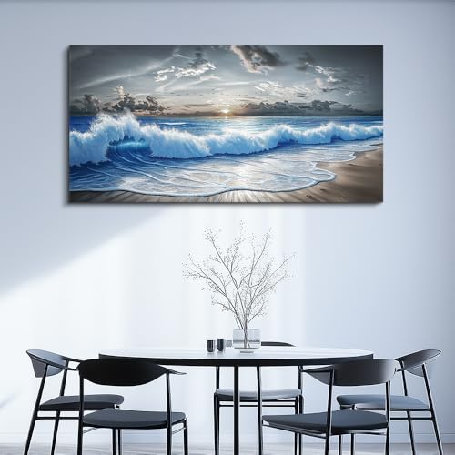 Large Canvas Wall Decor For Living Room Wall Art For Bedroom Office Dining room Decor Modern Black White And Blue Ocean Wave Painting Printed Artworks Wall Pictures Home Decor 24"X48"