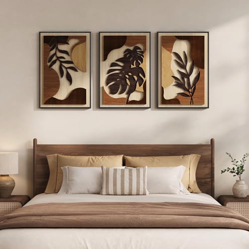 Framed Wood 3D Boho Tropical Botanical Wall Decor Art Bedroom (3 Count)