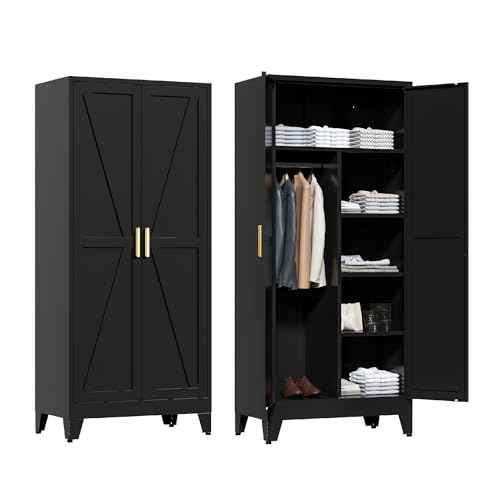 71'' Farmhouse Metal Wardrobe Cabinet with Hanging Rod
