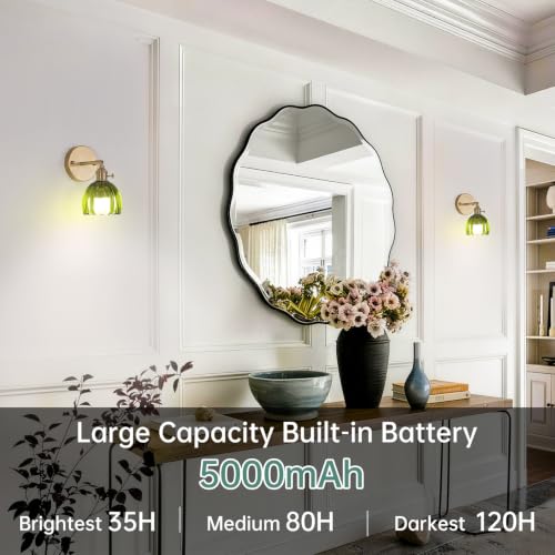 Vintage Battery Operated Wall Sconce with Green Tulip Glass Lampshade 5000 mAh Rechargeable Battery Powered Wall Light with Remote Control for Bedside Bedroom Doorway (2 Count)