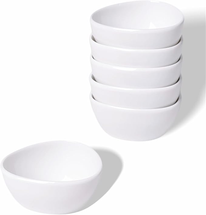 LEETOYI Mini Ceramic Ramekins Souffle Dishes 1.5 OZ, Small Dipping Bowls, Sauce Dip Bowls for Kitchen Serving Sauce Condiments, Oven & Microwave Safe, Set of 6, White