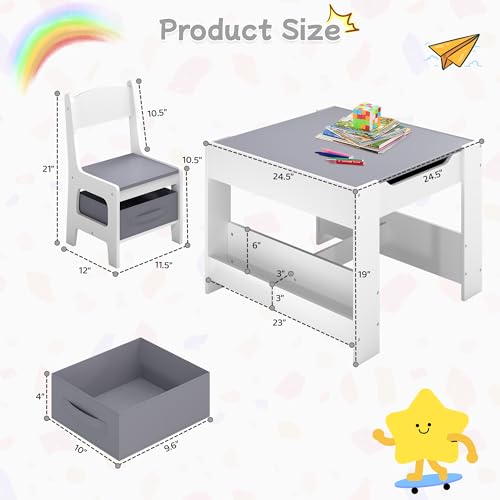 3-in-1 Wooden Kids Table & Chairs, Detachable Top & Storage, Grey