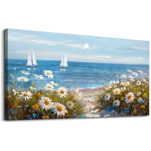 Home Decor Printing Canvas Picture Blue Ocean Landscape Painting Wall Art For Living Room Farmhouse Dinin Mural White Flowers Bedroom Office Wall Decoration Artwork Easy To Hang 20x40 In