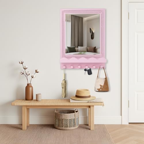 16x12 Inch Wall Mount Beaded Wood Framed Mirror with Shelf and 6 Hooks