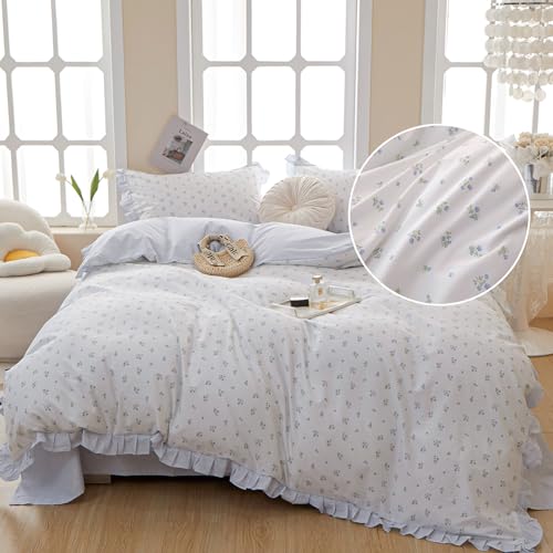 Blue Floral Comforter Set Twin XL Botanical Ruffle Bedding Comforter Fluffy Soft Aesthetic Coquette Bedding Set Girls Cottagecore Blue Flowers Comforter Set with 2 Pillowcases for All Seasons