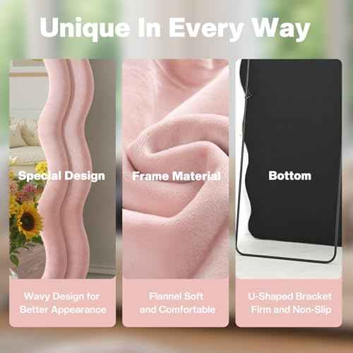 Full Length Mirror 71"x30" Irregular Wavy Full Body Wall Mounted Floor Mirror with Stand Pink Flannel Frame Leaning Hanging Wall for Bedroom Entrance Hallway