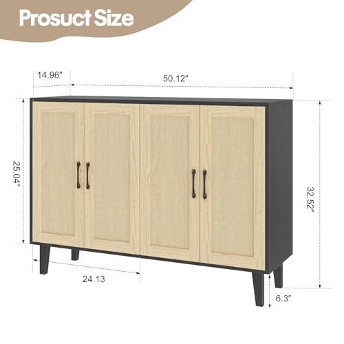 Buffet Storage Cabinet with Rattan Decorating 4 Doors Living Room Kitchen Sideboard 48.43 x 34.65 x 15 inch