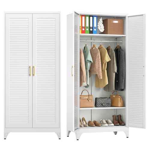 71" Tall White Wardrobe Closet with Door and Adjustable Shelves
