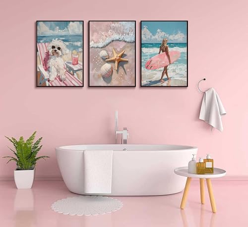 3Pcs Pink Beach Preppy Wall art Retro Beach seashell and starfish poster printing Pink surfboard dog painting wall Decor for Girls Room dormitory apartments Home Decoration Unframed (3 Count)