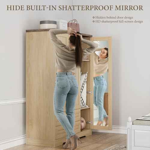 62" Wooden Armoire Wardrobe Closet with Mirror