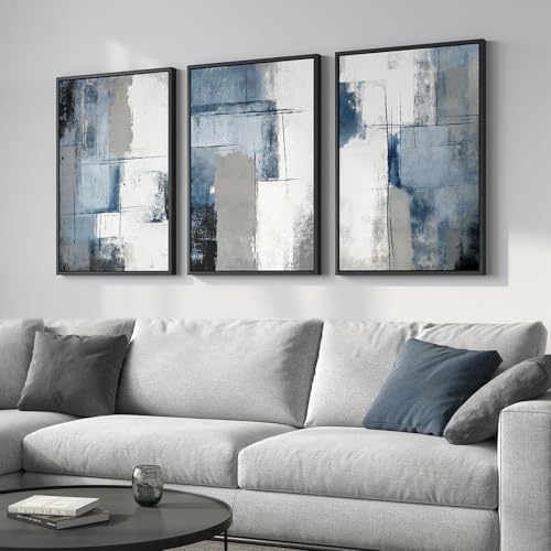 Large Framed Blue and Gray Modern Abstract Wall Art (3 Count)