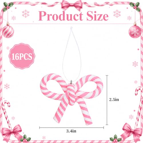 16 Pcs Pink White Bow Candy Cane Hanging Ornaments Christmas Tree Decor (16 Count)