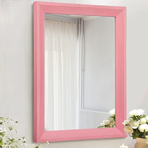 Rectangle Mirror with Wood Frame Modern Farmhouse Wall Mirrors Decor Large 20"x16" for Bedroom Bathroom Living Room Pink