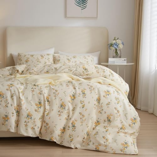 Vintage Yellow Floral Comforter Set King Garden Style Aesthetic Flower Comforter for King Bed Fluffy Lightweight Chic Botanical Floral Bedding Cottagecore Comforter Farmhouse Boho Comforter Set