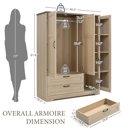 62" Wooden Armoire Wardrobe Closet with Mirror