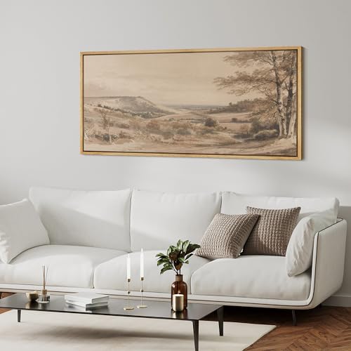 Extra Large Framed Canvas Print Wall Art Vintage Neutral Tone Countryside Landscape Retro Fine Art Illustrations Decorative Colorful for Bedroom