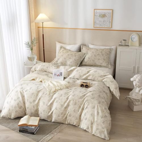 Boho Floral Comforter Set Full Size Vintage Style Floral Bedding Comforter with 2 Pillowcases Garden Flower Leaves Botanical Comforter Set Soft Fluffy 3 Pieces Bedding Set for Girls Women