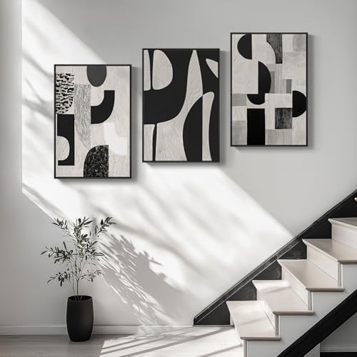 Large Framed Black and White Abstract Wall Art for Living Room (3 Count)