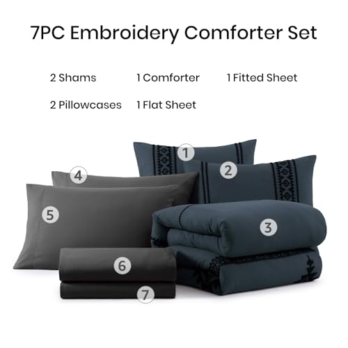 Embroidery King Size Comforter Set 7 Pieces Blue Grey Bed in a Bag