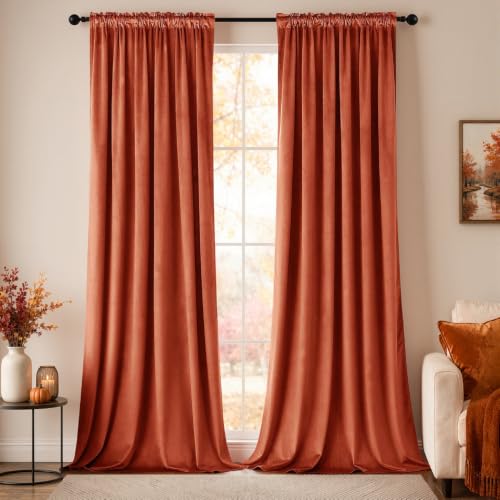Fall Burnt Orange Blackout Velvet Curtains 90 Inch Long 52"x90" Soft (2 Count)