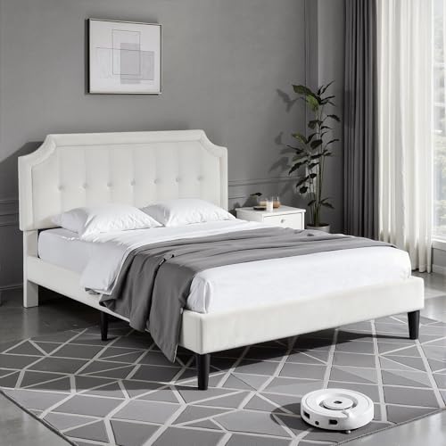 Queen Size Bed Frame with Velvet Upholstered Headboard