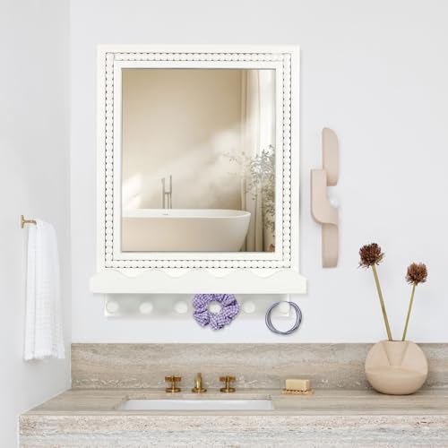 16x12 Inch Wall Mount Beaded Wood Framed Mirror with Shelf and 6 Hooks