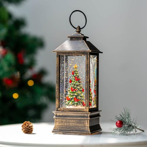 10'' Lighted Christmas Tree Cardinal Music Snow Globe Water Lantern with Swirling Glitter Decoration for Christmas Home