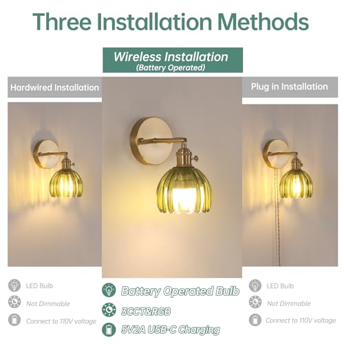 Vintage Battery Operated Wall Sconce with Green Tulip Glass Lampshade Rechargeable Battery Powered Wall Light with Remote Control for Bedside Bedroom Doorway (2 Count)