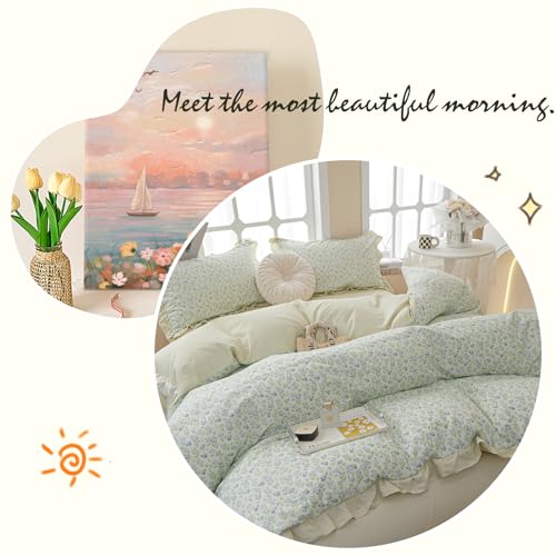 Vintage Garden Floral Ruffled Comforter Set King Fluffy Soft Microfiber Chic Blue Floral Bedding Set Cottagecore Flowers Pattern Botanical Comforter Set with 2 Pillowcases for All