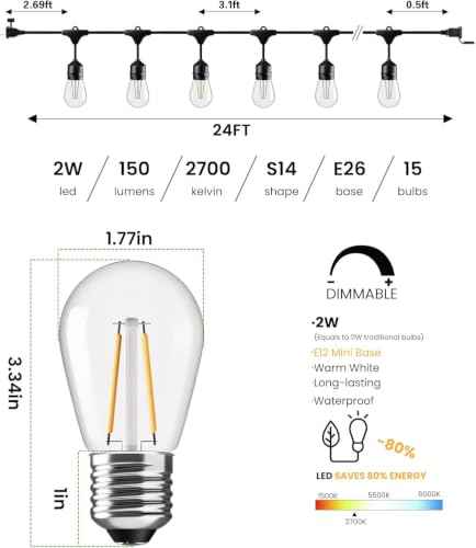 24 FT Outdoor String Lights LED 2W S14 Commercial Grade Waterproof (25 Foot)
