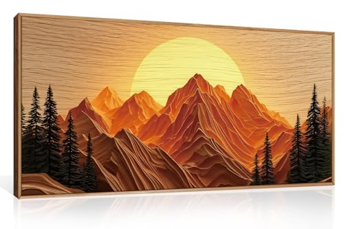 Large Boho Golden Mountain Framed Canvas Wall Art Set