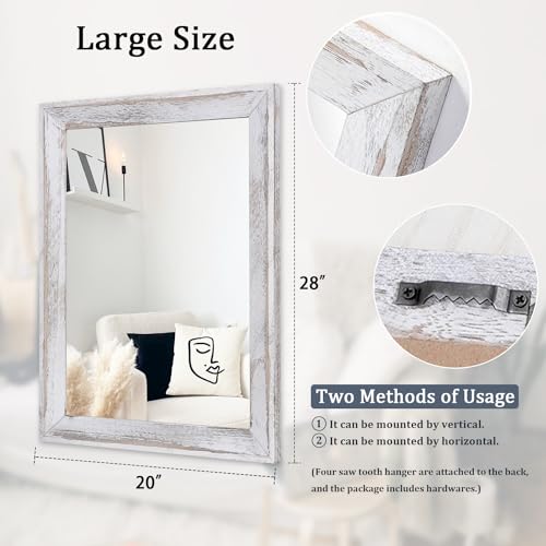 Mirrors for Wall Rustic Wood Framed Hanging Mirror 28"x20" Decorative for Farmhouse Bedroom Bathroom Living Room Entryway Hallway White