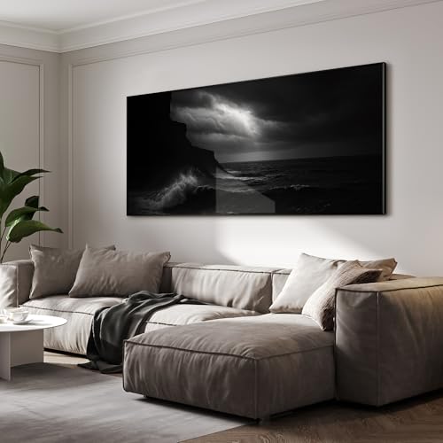24"x46" Extra Large Framed Wall Art Dramatic Black and White Ocean Waves with Cliff and Stormy Sky for Home Living Room Bedroom Decor