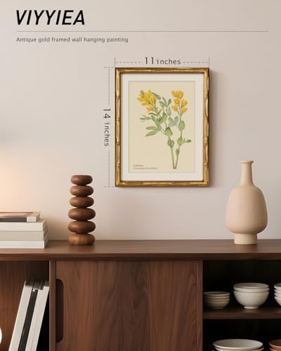 Gold Bamboo Framed Botanical Wall Art Golden Pea Flower 11x14 Inch