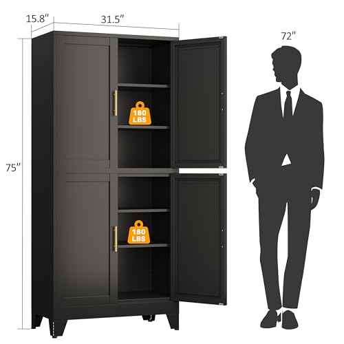 Black Metal Storage Cabinet with 4 Doors and 4 Adjustable Shelves