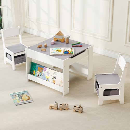 3-in-1 Wooden Kids Table & Chairs, Detachable Top & Storage, Grey