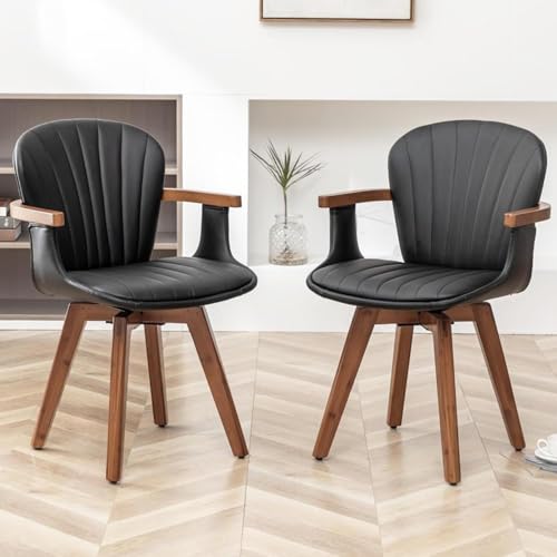 Swivel Dining Room Chairs Set of 2 Mid Century Modern Black Faux Leather Kitchen Chairs with Arms Bamboo Legs Side Chairs No Wheels Bentwood Frame Accent Chair for Dining Rooms and Offices (2 Count)