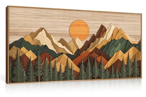 Boho Woodcut Style Mountain Framed Canvas Wall Art Set