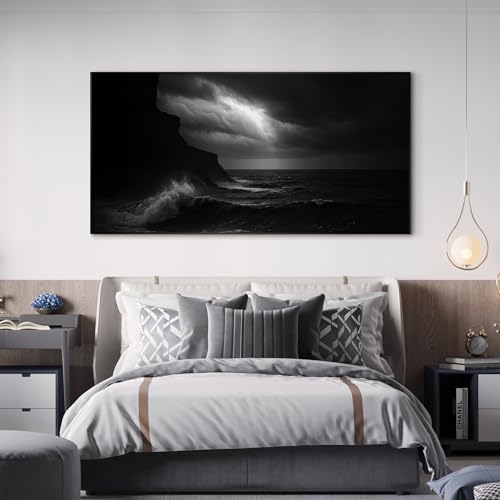 24"x46" Extra Large Framed Wall Art Dramatic Black and White Ocean Waves with Cliff and Stormy Sky for Home Living Room Bedroom Decor