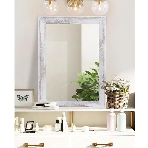 Mirrors for Wall Rustic Wood Framed Hanging Mirror 28"x20" Decorative for Farmhouse Bedroom Bathroom Living Room Entryway Hallway White