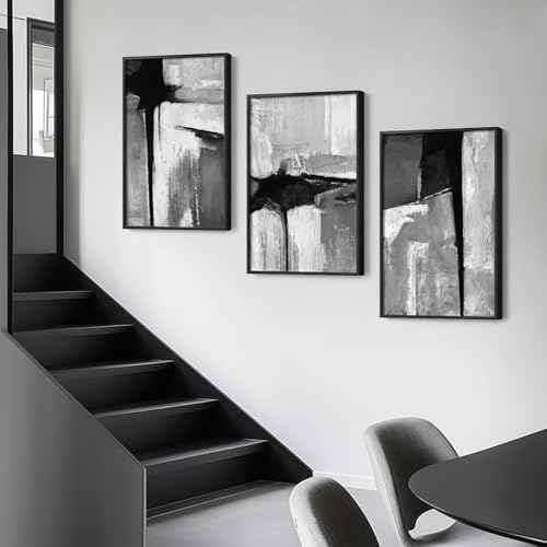 Large Framed Black and White Gray Abstract Wall Art Set (3 Count)